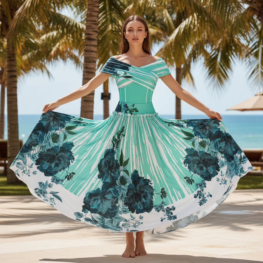 Bañador Mirevia asimétrico verde menta con estampado floral y falda