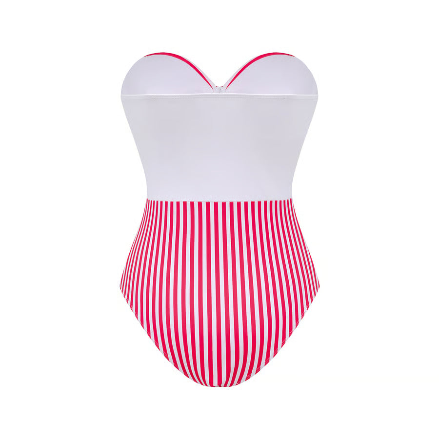 Bañador Rosetta palabra de honor de rayas blanco y fucsia con falda