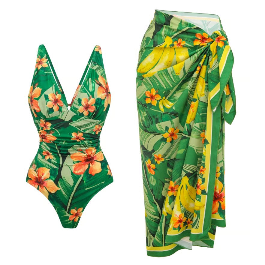 Bañador Tropicana verde y naranja con estampado floral y pareo