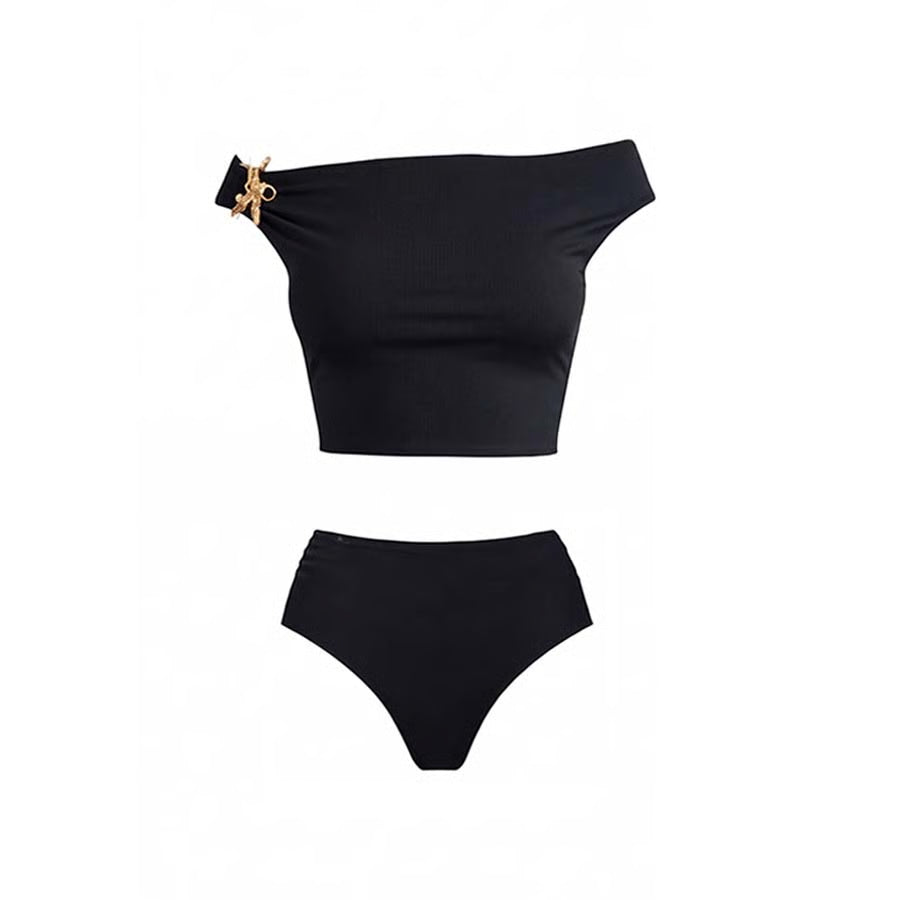 Noirella Siyah Gold Çiçek Detaylı Uzun Etekli Bikini Takımı