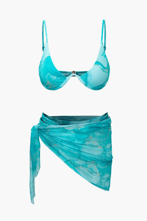 Bikini Aqualina turquesa con estampado mármol y pareo