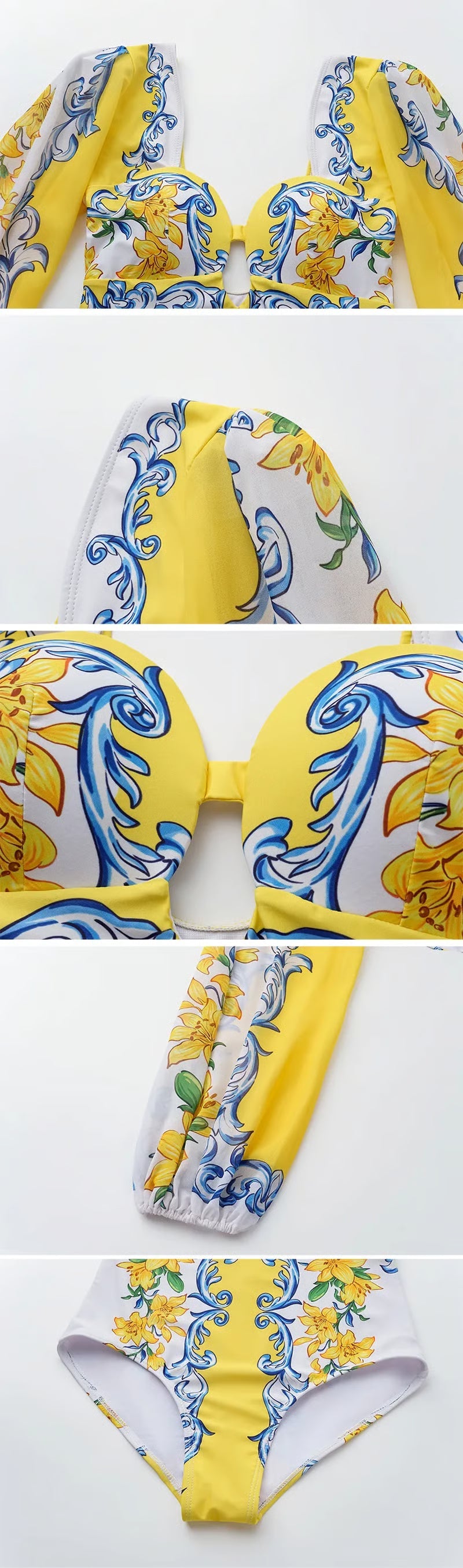Bañador Solaria amarillo y azul con estampado barroco, mangas abullonadas y falda