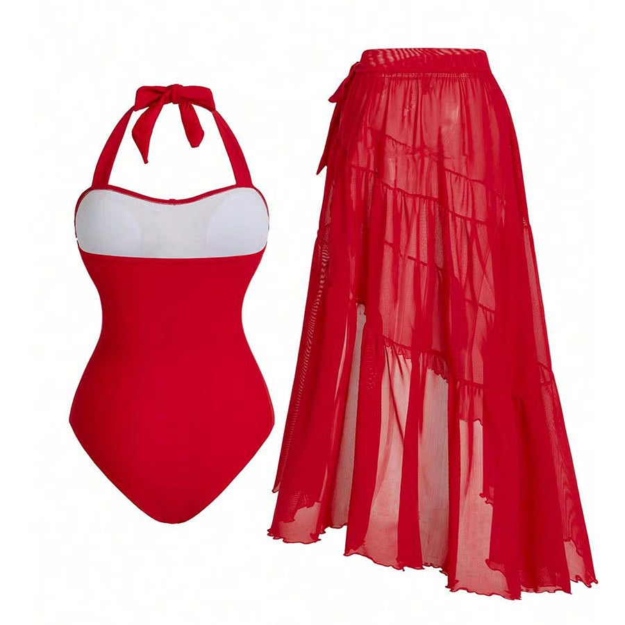 Bañador Rosaria halter rojo con volantes y falda