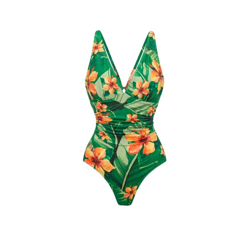 Bañador Tropicana verde y naranja con estampado floral y pareo