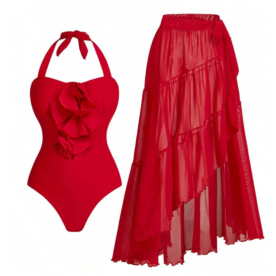Bañador Rosaria halter rojo con volantes y falda