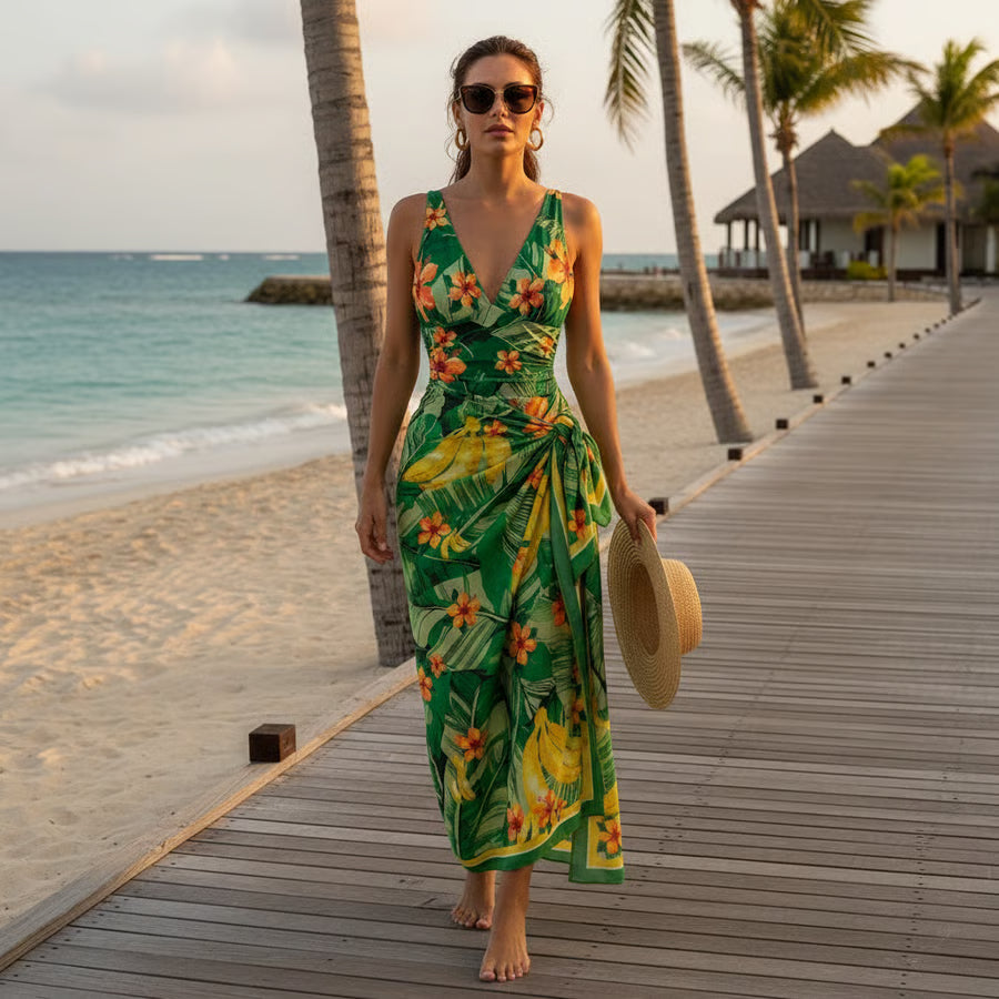 Bañador Tropicana verde y naranja con estampado floral y pareo