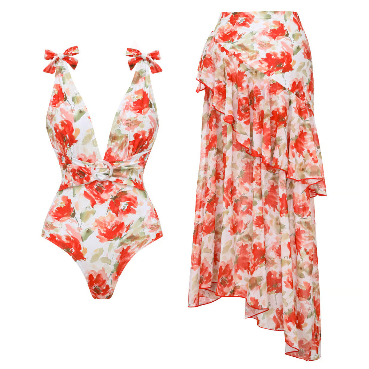 Bañador Rosavelle crudo y rojo con estampado floral, escote en V y falda