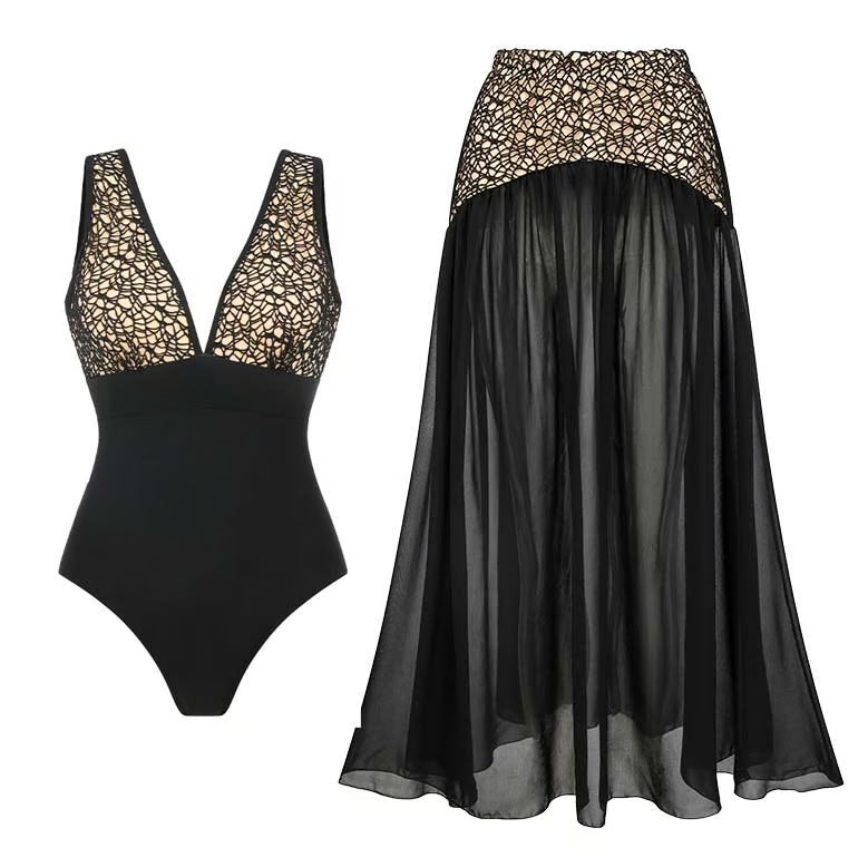 Bañador Noirena negro con encaje, escote en V y falda