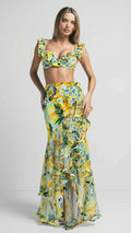 Bikini Limonella amarillo y azul con estampado de limones, volantes y falda