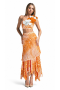 Bikini Solena asimétrico naranja y blanco con flores 3D y falda