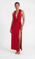 Bañador Ravella rojo con escote en V, detalle floral y falda
