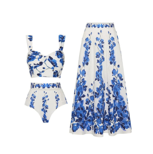 Bikini Azulina blanco y azul con estampado floral y falda larga