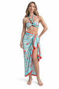 Bikini Florevia azul con flores multicolor, volantes y falda