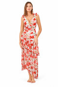 Bañador Rosavelle crudo y rojo con estampado floral, escote en V y falda