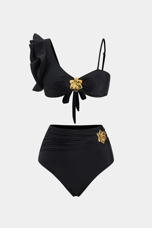Aurelia Siyah Gold Çiçek Detaylı Tek Omuz Bikini Takımı