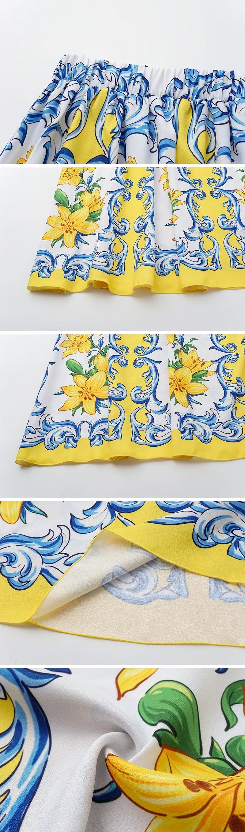 Bañador Solaria amarillo y azul con estampado barroco, mangas abullonadas y falda