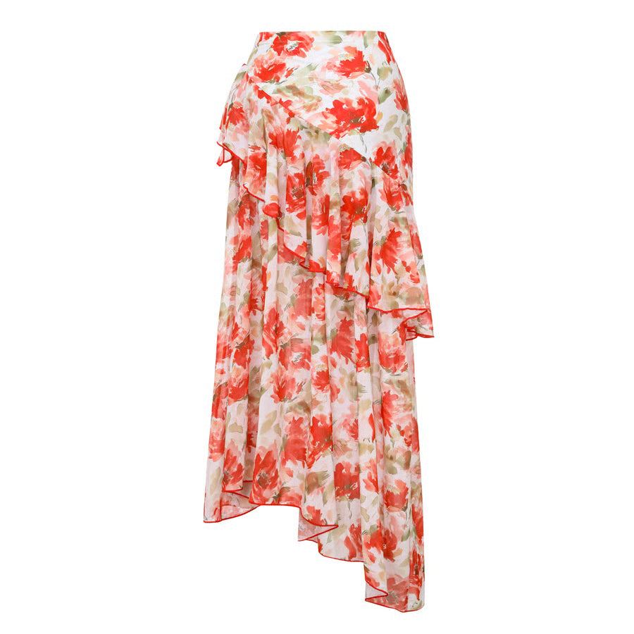 Bañador Rosavelle crudo y rojo con estampado floral, escote en V y falda