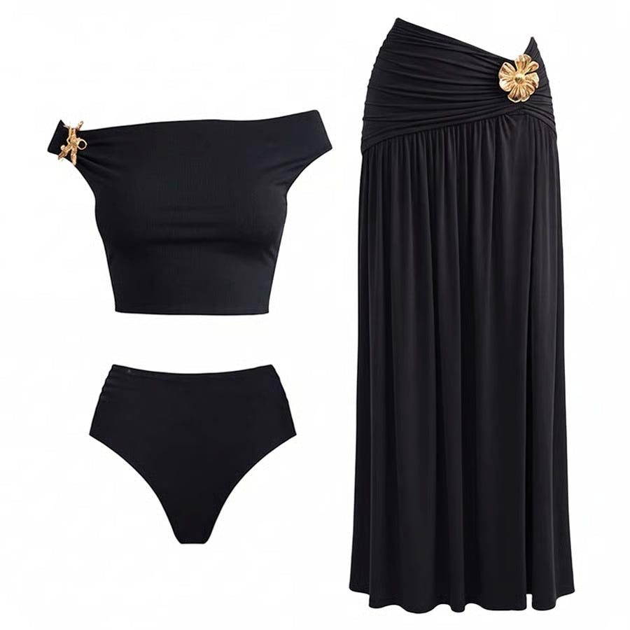 Noirella Siyah Gold Çiçek Detaylı Uzun Etekli Bikini Takımı
