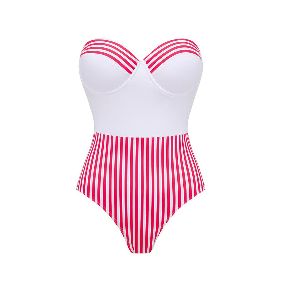 Bañador Rosetta palabra de honor de rayas blanco y fucsia con falda