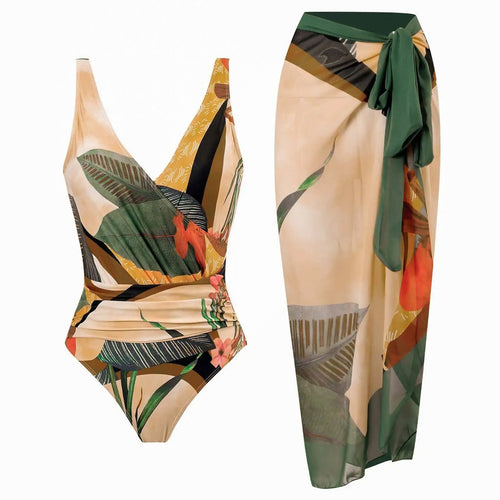 Bañador Aveline beige y verde con estampado tropical y pareo