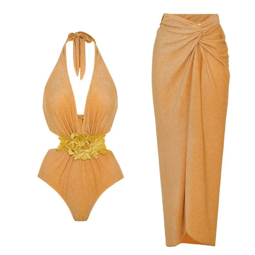 Bañador Aurevia halter dorado brillante con detalle floral y falda