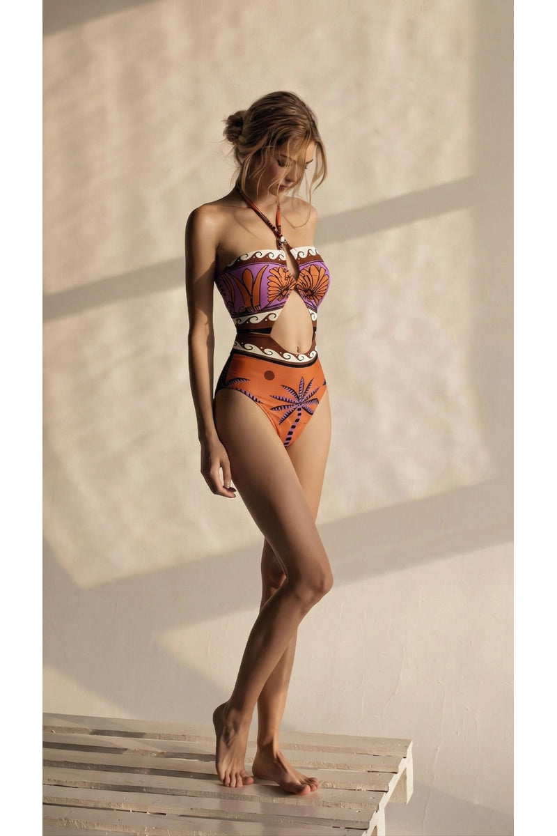 Bañador Solmira halter naranja con estampado multicolor y aberturas
