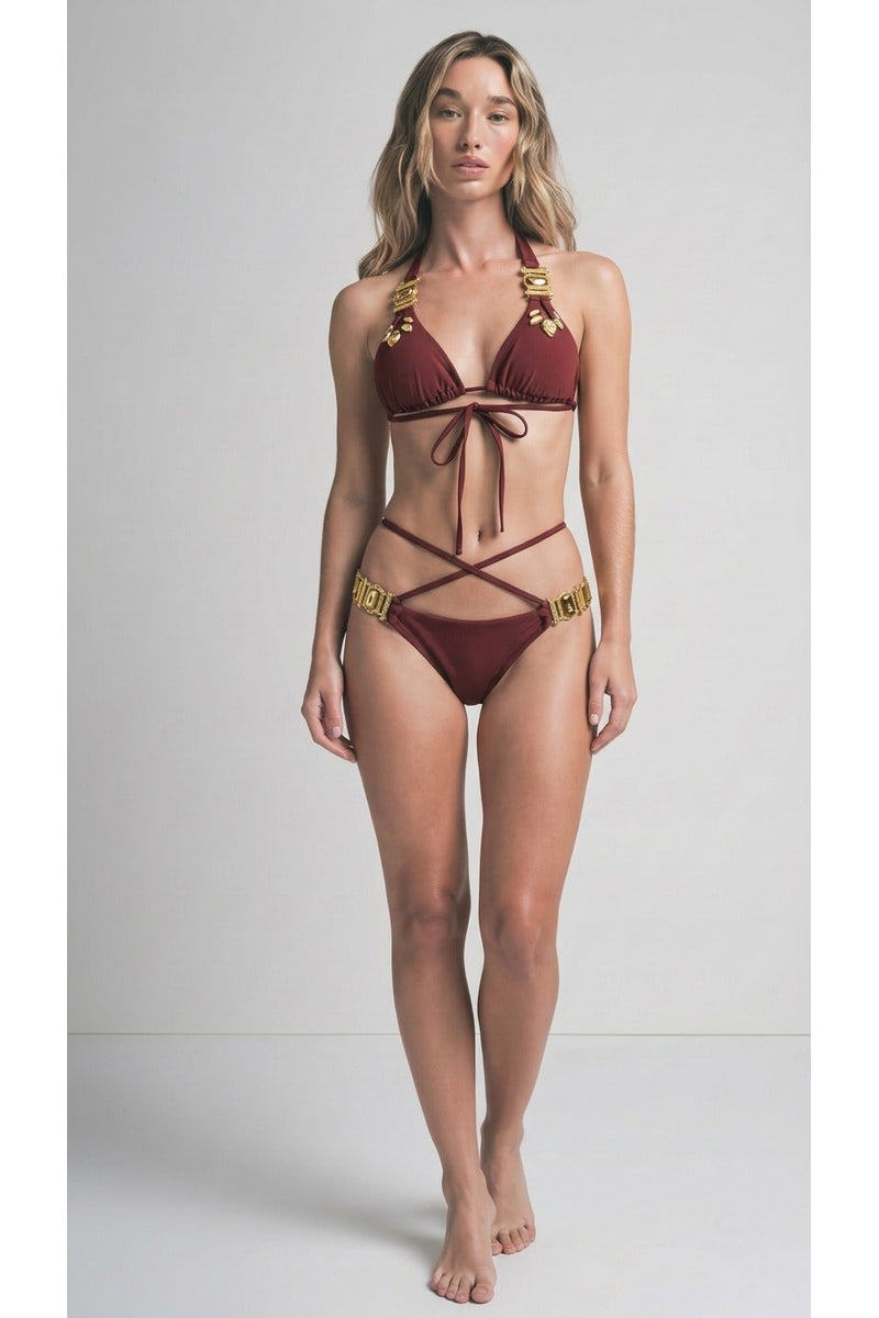 Bikini Aurevia burdeos anudado con pedrería dorada