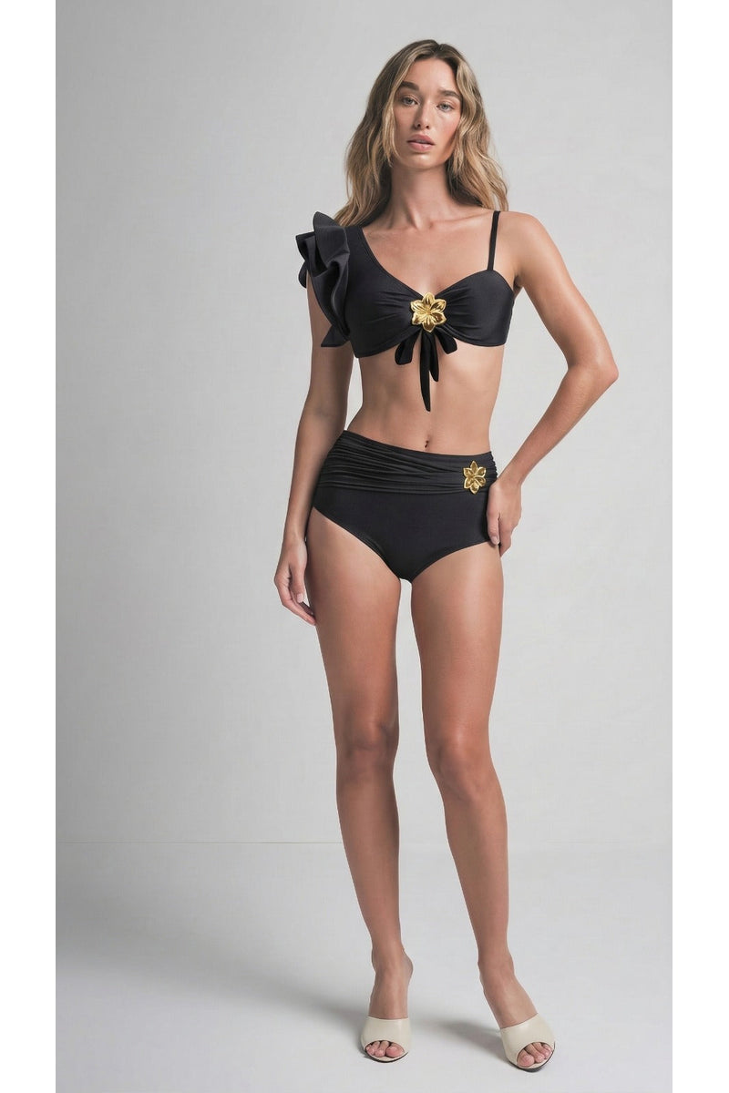 Bikini Aurelia asimétrico negro y dorado con detalle floral